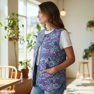 DAMSON MADDER Floral Quilted Vest‎ Purple Green Butterfly Size 14